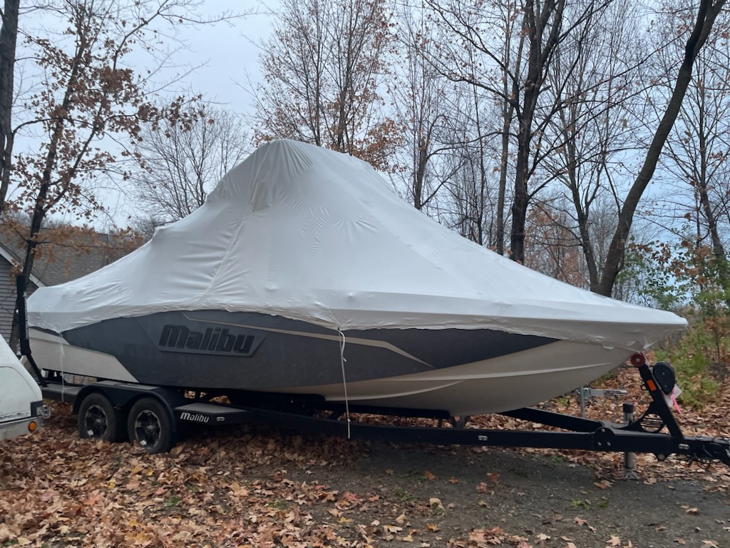 Malibu Ski Boat with Tow Bridge, Shrink-Wrap for Winter Storage at Client Location.